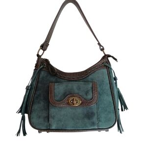 Bandana Teal Shoulder Bag with Tassel Accents Suede Faux Leather 12x9x4 inches